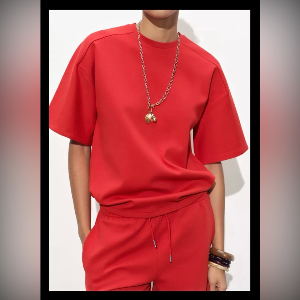 Zara Red Short-Sleeve Sweatshirt | Crew Neck | Interlock | Large | NWT